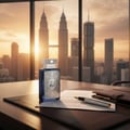 Zimaya Al Embratur Intense by Zimaya 100ml EDP Men — A blue perfume bottle with ornate silver detailing sits on a desk with a leather blotter, document, and fountain pen, with a city skyline and sunset visible through a window.