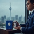 Zimaya Al Embratur Intense by Zimaya 100ml EDP Men — Man in a blue suit holding a silver and blue ornate perfume bottle and its blue box, with a city skyline and rain visible through a window.