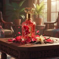 Zimaya Al Fouz by Zimaya 100ml EDP Unisex — A cracked glass perfume bottle with red liquid and rose petals inside, surrounded by scattered rose petals, vanilla pods, and a white flower on a wooden table.