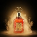 Zimaya Al Fouz by Zimaya 100ml EDP Unisex — A clear, orange-hued perfume bottle with a gold emblem of a falcon and ornate gold cap, surrounded by wisps of golden smoke against a dark, gradient background.