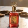 Zimaya Al Fouz by Zimaya 100ml EDP Unisex — Red glass perfume bottle with gold falcon emblem and ornate gold cap, surrounded by oud wood pieces on a marble surface.