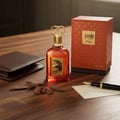 Zimaya Al Fouz by Zimaya 100ml EDP Unisex — Amber glass perfume bottle with gold falcon emblem, ornate gold cap, next to its orange patterned box, a brown leather wallet, oud wood chips, and a fountain pen on a paper.