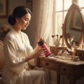 Zimaya Andalusi Pink by Zimaya 100ml EDP Women — Woman in a silk robe holding a pink perfume bottle with gold accents, sitting at a vanity table with makeup and a mirror.