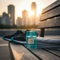 Zimaya Mazaaj Rhythm by Zimaya 100 ml EDP Unisex — Botol minyak wangi biru kehijauan diletakkan di atas bangku kayu bersebelahan kasut larian hitam dan teal serta tuala kelabu berlipat, dengan latar belakang langit bandar yang kabur dan matahari terbenam.