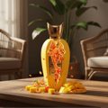 Zimaya Rabab Pulp by Zimaya 100 ml EDP Unisex — Botol kuning berpenutup emas, pecah menampakkan bunga oren, bersama kiub mangga dan bunga oren di atas meja kayu.