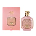 Zimaya Zukhruf Femme Pink by Zimaya 100ml EDP Women — Pink perfume bottle with gold accents and intricate gold design on the front, next to its matching pink textured box with gold Arabic calligraphy and text.
