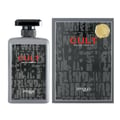 Zimaya Cult by Zimaya 100ml EDP Men — Botol minyak wangi kelabu dan kotak pembungkusnya yang sepadan berwarna kelabu dengan garisan menegak kelabu gelap abstrak dan teks merah 'CULT', menampilkan cop lilin emas pada kotak.