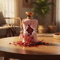 Zimaya Fatima by Zimaya 100ml Extrait de Parfum Women — Pink cracked perfume bottle with gold cap, tassels, scattered rose petals, and vanilla pods on a wooden table