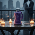 Zimaya Fatima Velvet Love by Zimaya 100ml Extrait Women — Botol minyak wangi ungu bertali juntai di atas meja kayu basah dengan lilin menyala, pasangan berpelukan di latar belakang semasa hujan.