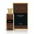 Zimaya Grandeur 100ml EDP untuk Unisex — Botol dan kotak emas dengan corak geometri rumit berwarna merah, hijau, dan kuning, di atas permukaan putih yang memantul.