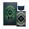 Zimaya Happy Oud by Zimaya 100ml Extrait Unisex — Botol minyak wangi biru gelap dengan reka bentuk art deco emas dan hijau, bersebelahan dengan kotak bermotif art deco biru gelap dan hijau yang sepadan.