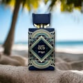 Zimaya Happy Oud by Zimaya 100ml Extrait Unisex — Botol minyak wangi biru gelap dengan reka bentuk art deco emas dan hijau diletakkan di pantai berpasir dengan latar belakang pokok palma dan lautan yang kabur.