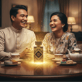 Zimaya Happy Oud by Zimaya 100ml Extrait Unisex — Sepasang suami isteri ketawa riang di meja dengan botol minyak wangi Happy Oud bercahaya di tengah, cawan teh, dan kuih.