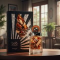 Zimaya Charisma Pour Homme by Zimaya 100ml EDP Men — Kotak hitam dengan potongan geometri dedahkan ketulan amber dan kayu, bersebelahan botol minyak wangi kaca berisi elemen serupa, di atas meja kayu dengan latar belakang dalaman kabur.