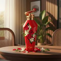 Zimaya Hawwa Red by Zimaya 100ml EDP Women — Red faceted bottle with gold spiral accent, filled with red roses and white jasmine, on a wooden table with scattered petals.