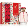 Zimaya Hayam by Zimaya 100ml EDP Women — Pink perfume bottle with gold cap and red accents, next to a gift box featuring red roses and intricate patterns.