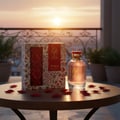 Zimaya Hayam by Zimaya 100ml EDP Women — Perfume bottle and box with red rose design, placed on a wooden table with scattered red rose petals, against a sunset background.