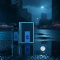 Zimaya Inekas Luna by Zimaya 100ml EDP Men — A perfume bottle and its box sit on a wet city street at night, reflecting the moon and streetlights.