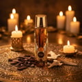 Zimaya Itqan Gold by Zimaya 100ml EDP Unisex — Botol minyak wangi bertutup emas dengan perincian sayap, dikelilingi lilin menyala dan serpihan kayu oud di atas dulang emas berukir.