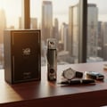 Zimaya Itqan Noir by Zimaya 100ml EDP Men — Black box with winged emblem, silver perfume bottle with winged design, wristwatch, and car key on a wooden desk with city skyline background.
