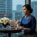 Zimaya Taraf White by Zimaya 100ml EDP Women — Woman in blue dress holding perfume bottle next to white box and white roses by rainy window