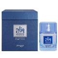 Zimaya Mazaaj Infused by Zimaya 100ml EDP Men — Blue textured box with silver logo and text, next to a clear glass perfume bottle with a light blue cap and silver logo.