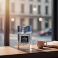 Zimaya Mazaaj Infused by Zimaya 100ml EDP Men — A clear glass perfume bottle with a blue cap and gold label sits on a wooden table next to a white coffee cup and a newspaper, with a blurred city street visible through a window.