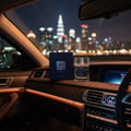Zimaya Mazaaj Infused by Zimaya 100ml EDP Men — A dark blue box and glass perfume bottle displayed on a car's dashboard at night with city lights in the background.