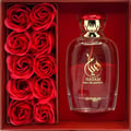 Zimaya Hayam 100ml EDP Women — Red glass perfume bottle with gold cap, presented in a red box with eight red rose-shaped soap flowers.
