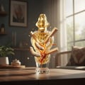 Zimaya Infrad Luxe by Zimaya 100ml EDP untuk Wanita — Botol minyak wangi kaca jernih bertutup emas, menampilkan kayu, hirisan kelapa, dan karamel melimpah, diletakkan di atas meja kayu.