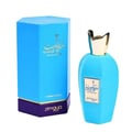 Zimaya Rabab Blue by Zimaya 100ml EDP Unisex — Blue hexagonal box and matching blue oval perfume bottle with a gold cap, set against a white background.