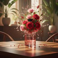 Zimaya Rose of Dreams by Zimaya 100ml EDP Women — A rose bouquet erupts from a shattered glass perfume bottle on a wooden table, with scattered red berries and shards of glass.