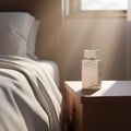 Zimaya Musk Is Great by Zimaya 100ml EDP Unisex — White and gold perfume bottle with intricate geometric patterns, placed on a wooden nightstand next to a neatly made bed with white linens.