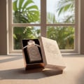Zimaya Musk Is Great by Zimaya 100ml EDP Unisex — A white perfume bottle with gold accents and a ribbon, presented in an open cream-colored box with gold geometric patterns, set against a blurred background of lush green foliage visible through a window.