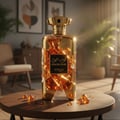 Zimaya Noor Oud Dubai — Gold perfume bottle with amber-colored crystals inside, placed on a wooden table with scattered amber pieces, in a sunlit room with plants.