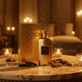 Zimaya Noor Oud Dubai by Zimaya 100ml EDP Unisex — Gold perfume bottle and box on a marble table with oud wood pieces and lit candles in the background
