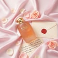 Zimaya Only You by Zimaya Perfume Elixir 100ML EDP — Frosted orange perfume bottle with gold cap, surrounded by pink silk fabric, rose petals, a sealed envelope, and a handwritten note.