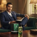 Zimaya Oscar by Zimaya 100ml EDP Men — Man in a blue suit sitting on a green sofa, reading a book, with a perfume box and bottle on a wooden table.