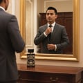Zimaya Oud Is Great by Zimaya 100ml EDP Unisex — Man in a grey suit adjusting his tie in front of a mirror, with a bottle of Oud Is Great by Zimaya perfume on a wooden dresser.
