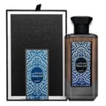 Zimaya Inekas Luna by Zimaya 100ml EDP Men — A dark glass perfume bottle with a blue and white patterned label, next to its matching black textured gift box with a blue and white patterned insert.