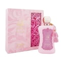 Zimaya Fatima by Zimaya 100ml Extrait de Parfum Women — Pink perfume bottle with gold cap and tassel, next to a pink box filled with pink roses.