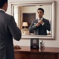 Zimaya Phantom Paragon by Zimaya EDP 100ml Man — Man in a suit adjusting his tie in front of a mirror, with a perfume box and bottle on a dresser.