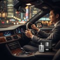 Zimaya Phantom Paragon by Zimaya EDP 100ml Man — Man in a suit driving a luxury car at night in the rain, with a perfume bottle and box on the center console.