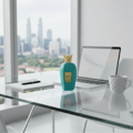 Zimaya Rabab Blue by Zimaya 100ml EDP Unisex — Teal perfume bottle with gold crown cap on a glass desk next to a laptop and notebook, with a city skyline visible through the window.