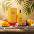 Zimaya Rabab Pulp by Zimaya 100 ml EDP Unisex — Botol dan kotak minyak wangi kuning bersama hirisan mangga, buah tin, dan bunga putih di atas permukaan kayu, daun palma di latar belakang.