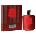 Zimaya Red Carpet Paragon EDP 100ml — Red perfume bottle and matching box with ribbed texture and embossed crest, displayed side-by-side on a white background.