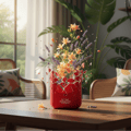 Zimaya Red Carpet Paragon EDP 100ml Zimaya — A shattered red vase with orange and purple flowers exploding outwards, set on a wooden table in a bright room with plants and chairs.