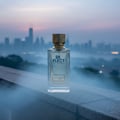 Zimaya Reflect by Zimaya 100ml EDP Unisex — Clear glass perfume bottle with gold ribbed cap, set against a misty cityscape at dusk.