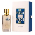 Zimaya Reflect by Zimaya 100ml EDP Unisex — A clear glass perfume bottle with a gold ridged cap stands next to its cream and blue box. The box features the "REFLECT" text in bold blue and yellow.