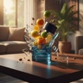 Zimaya Reserved Black Cedar by Zimaya EDP 100 ml — A blue perfume bottle with a black cap, surrounded by exploding citrus fruits and shattered glass, with almonds scattered on a wooden table.